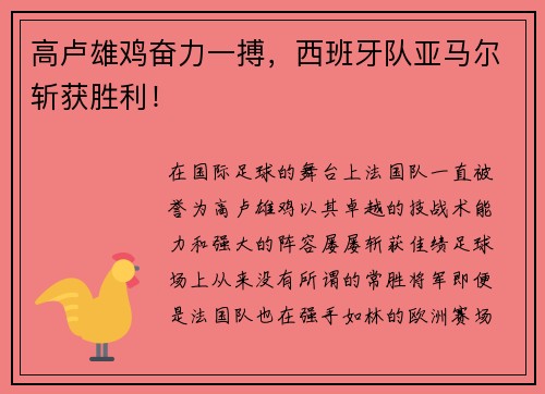 高卢雄鸡奋力一搏，西班牙队亚马尔斩获胜利！
